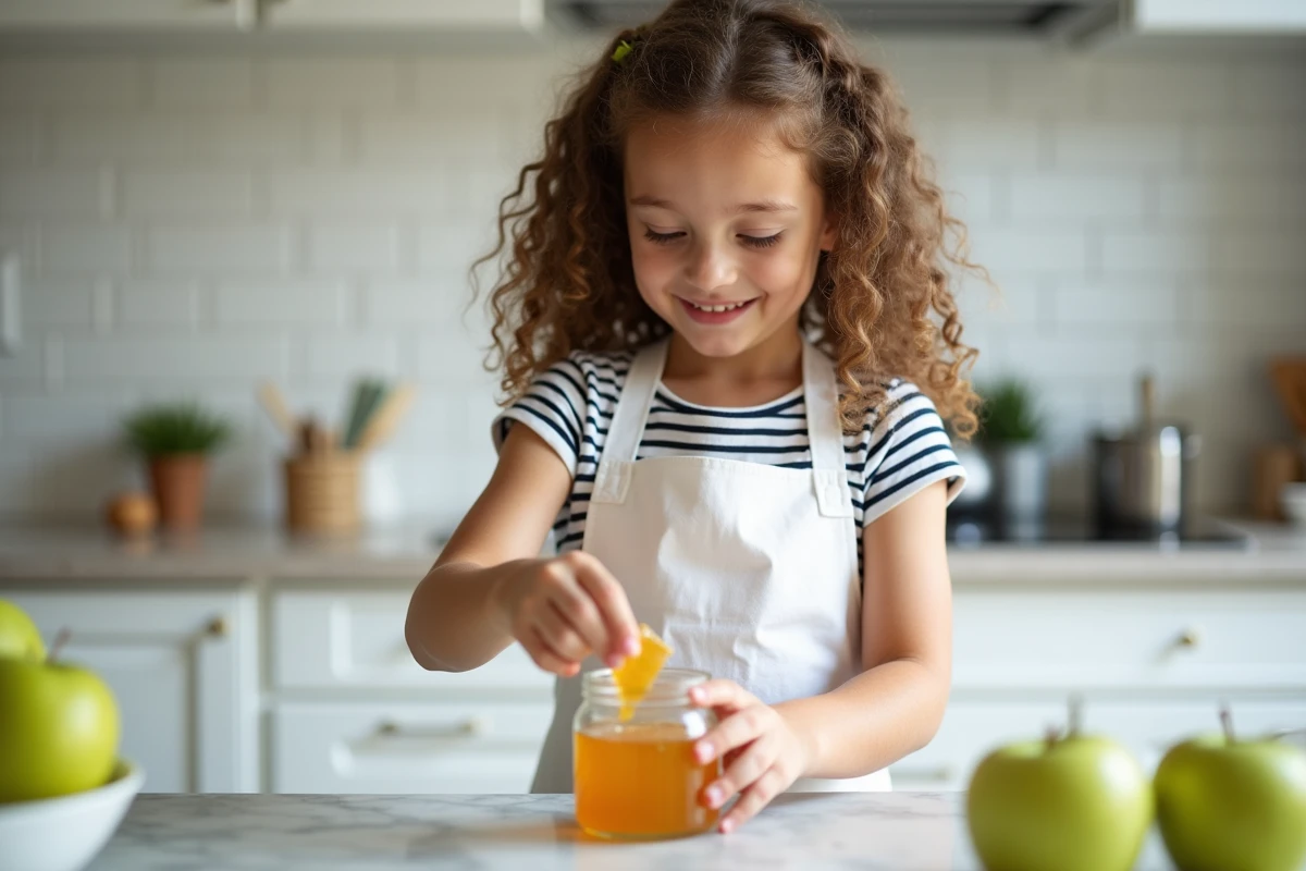 Petite fille en tablier blanc qui range des pâtes de fruit à la pomme dans un bocal en verre dans une cuisine familiale