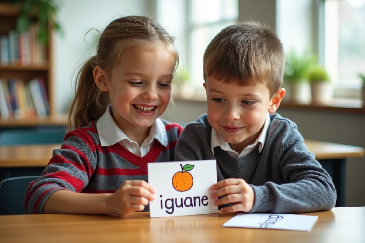 Deux enfants d'école primaire découvrant une carte illustrée d'un fruit commençant par la lettre I en classe
