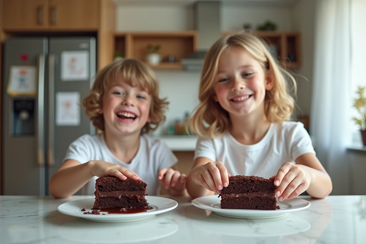 Deux enfants heureux partagent une part de gâteau au chocolat dans la cuisine