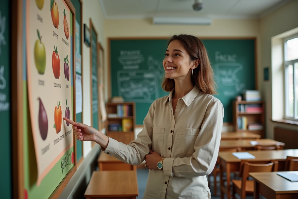 Enseignante montrant un poster pédagogique sur les fruits commençant par I dans une salle de classe colorée