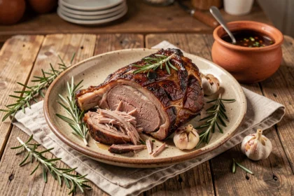 Épaule d'agneau confite basse température servie sur un plat en céramique rustique avec romarin et ail rôti