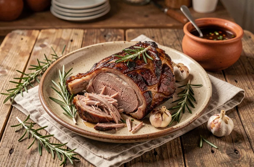 Épaule d'agneau confite basse température servie sur un plat en céramique rustique avec romarin et ail rôti