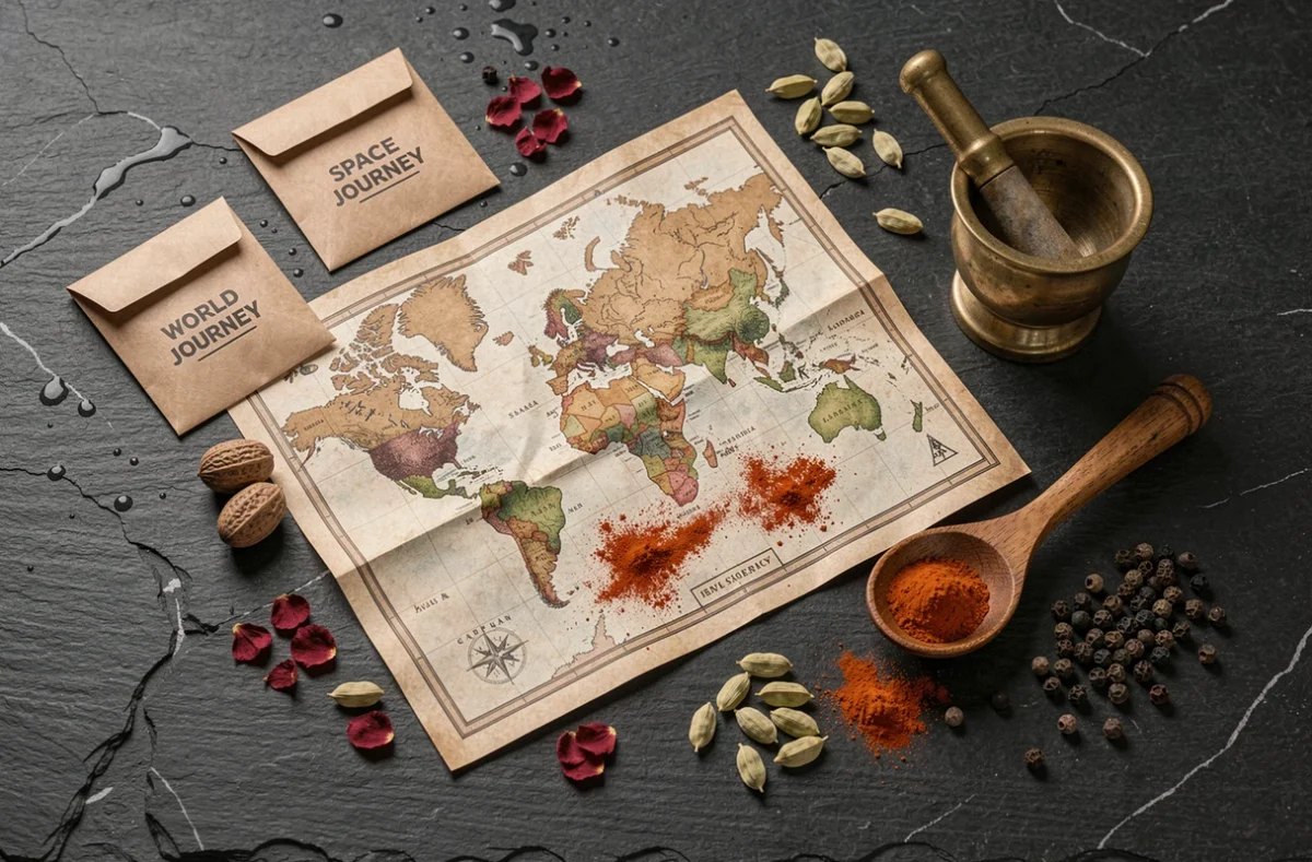 Épices du monde entier disposées sur une ardoise noire avec une carte vintage et des enveloppes kraft étiquetées