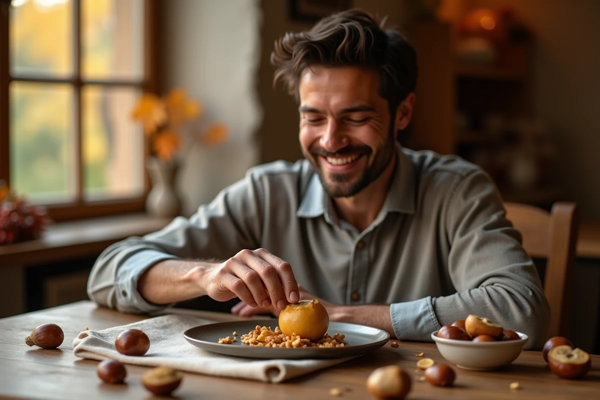 Homme épluchant une châtaigne cuite avec la peau qui se détache sur une assiette en céramique