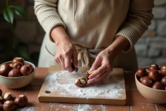 Femme épluchant des châtaignes crues avec un couteau sur une planche en bois dans une cuisine rustique