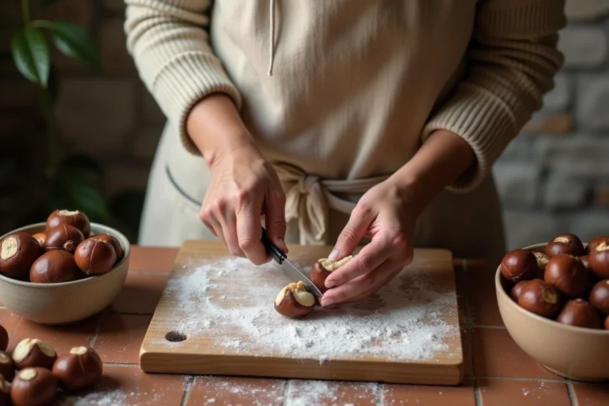 Femme épluchant des châtaignes crues avec un couteau sur une planche en bois dans une cuisine rustique