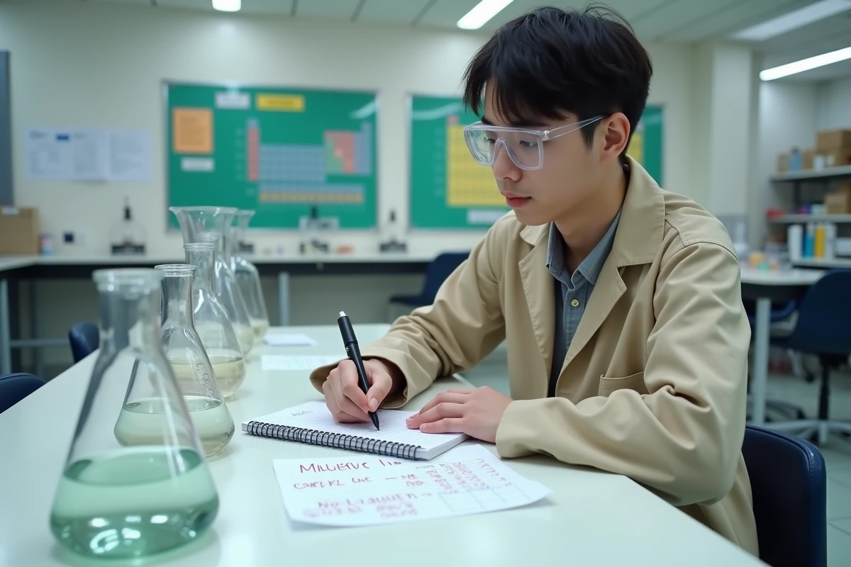 Étudiant en sciences notant des conversions millilitres en litres à côté de verrerie de laboratoire
