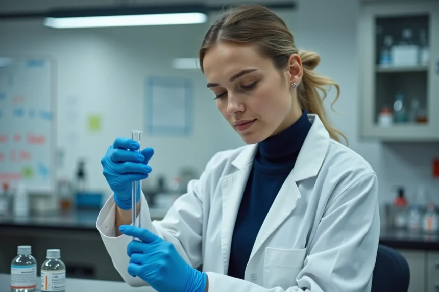 Étudiante en sciences mesurant des millilitres dans un cylindre gradué en laboratoire universitaire