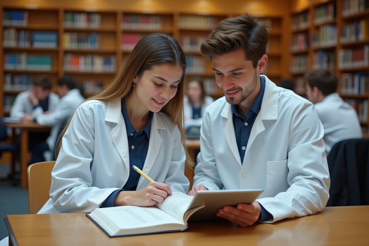 Deux étudiants en sciences consultant un convertisseur millilitre en litre sur tablette en bibliothèque universitaire