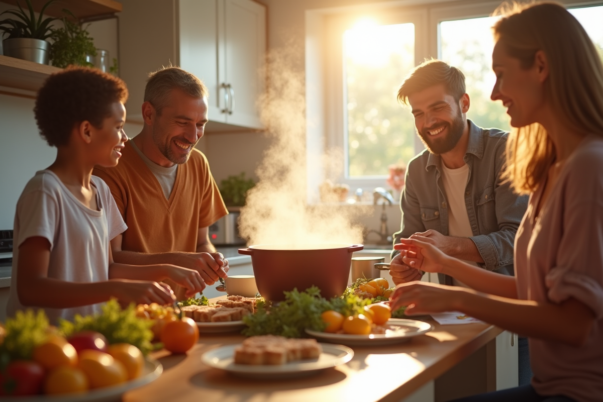 Famille diverse partageant un repas fait maison dans une cuisine lumineuse