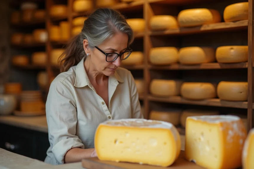Femme examinant un grand meule de Beaufort dans une fromagerie traditionnelle française