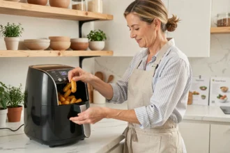 Femme utilisant un airfryer Philips dans une cuisine moderne avec des légumes dorés et des recettes imprimées