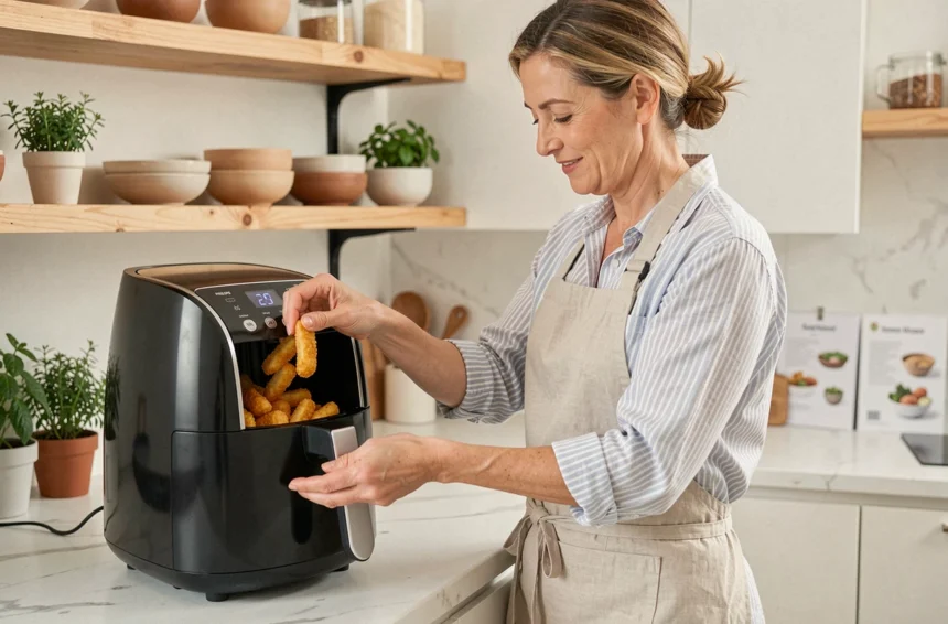 Femme utilisant un airfryer Philips dans une cuisine moderne avec des légumes dorés et des recettes imprimées