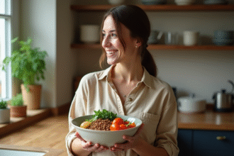 Femme souriante tenant un bol de lentilles et légumes frais