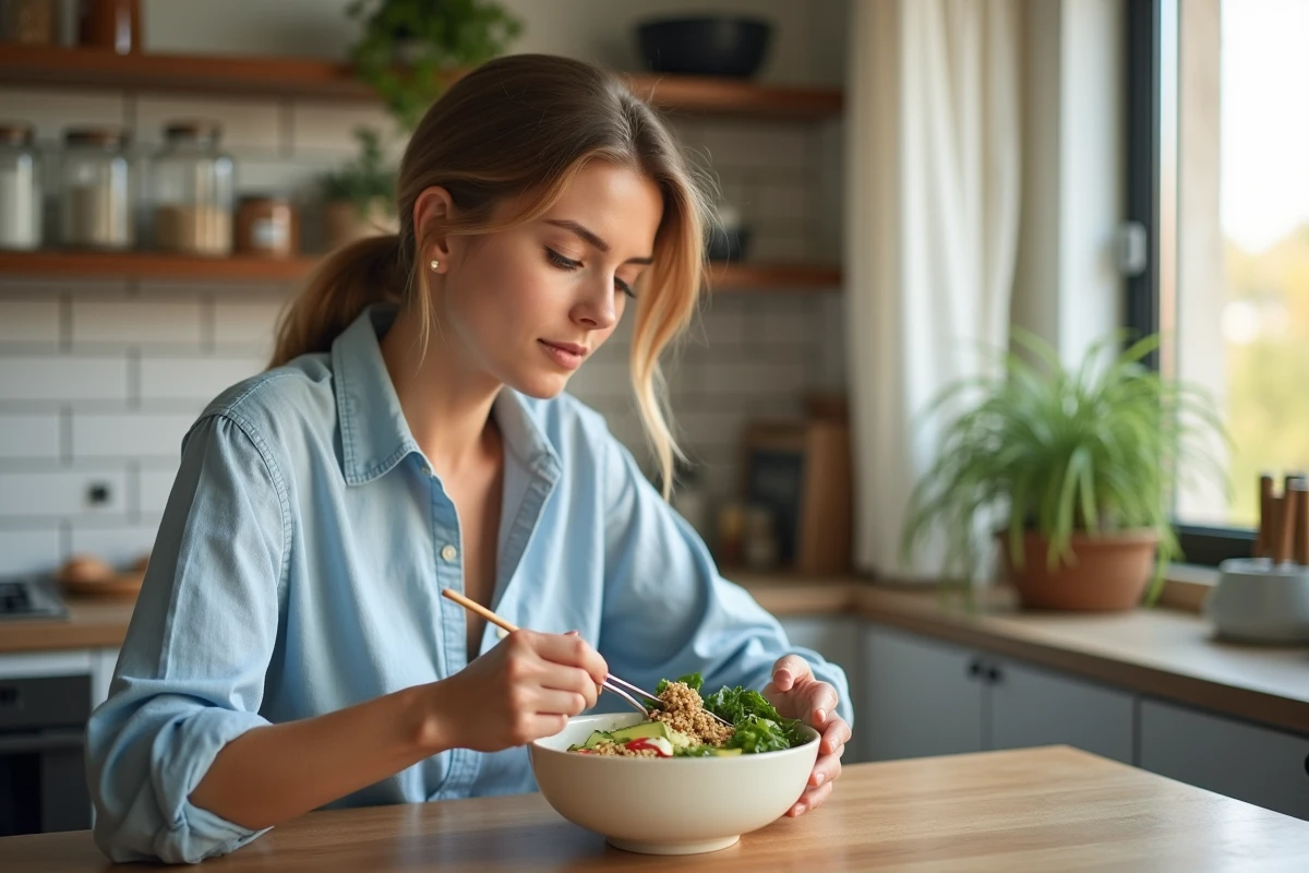 Jeune femme mangeant un bol de quinoa aux légumes d'été dans une cuisine moderne, repas sain et léger pour le soir