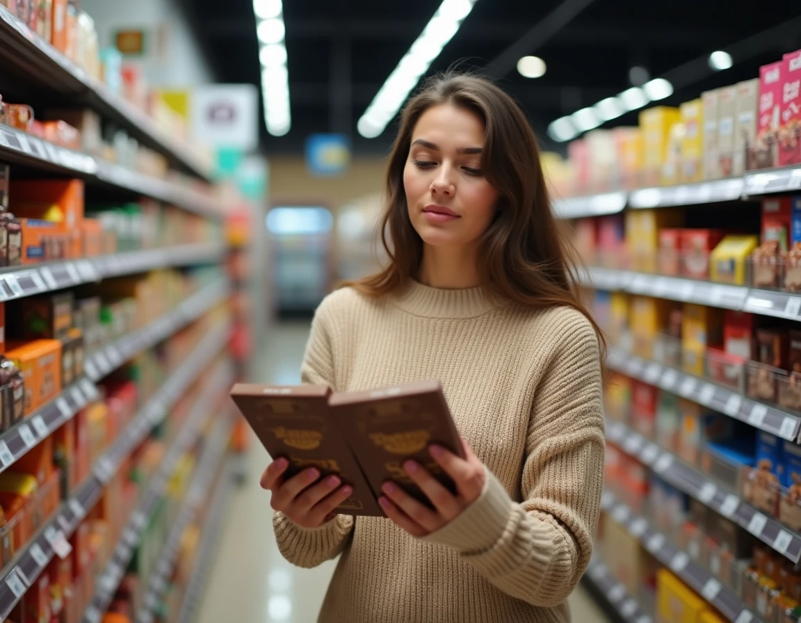 Femme comparant deux boîtes de chocolat Dubaï dans le rayon d'un supermarché français en regardant les étiquettes de prix