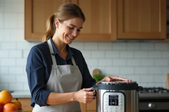 Femme examinant un Cookeo affichant une erreur dans une cuisine moderne