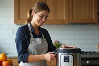 Femme examinant un Cookeo affichant une erreur dans une cuisine moderne