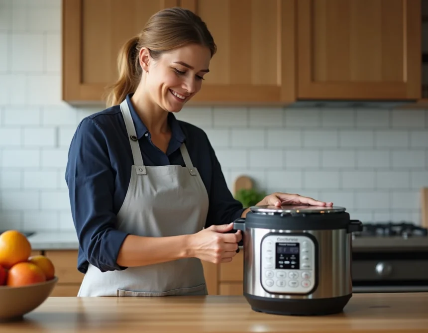 Femme examinant un Cookeo affichant une erreur dans une cuisine moderne