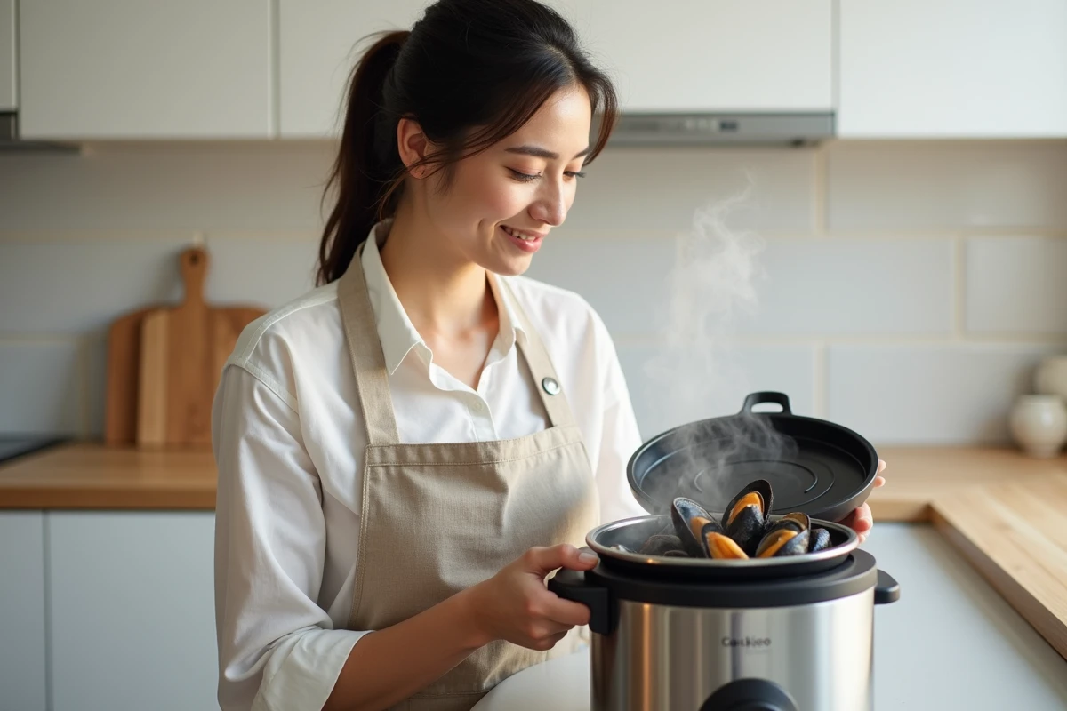 Femme en tablier ouvrant un Cookeo rempli de moules vapeur dans une cuisine moderne