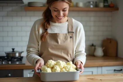 Femme souriante préparant du chou-fleur dans une cuisine moderne