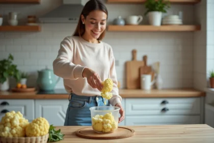 Femme versant des fleurettes de chou-fleur vapeur dans un contenant