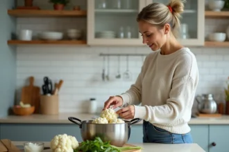 Femme en cuisine plaçant du chou-fleur dans une casserole