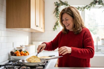 Femme souriante cuisinant des crepes dorées dans une cuisine chaleureuse