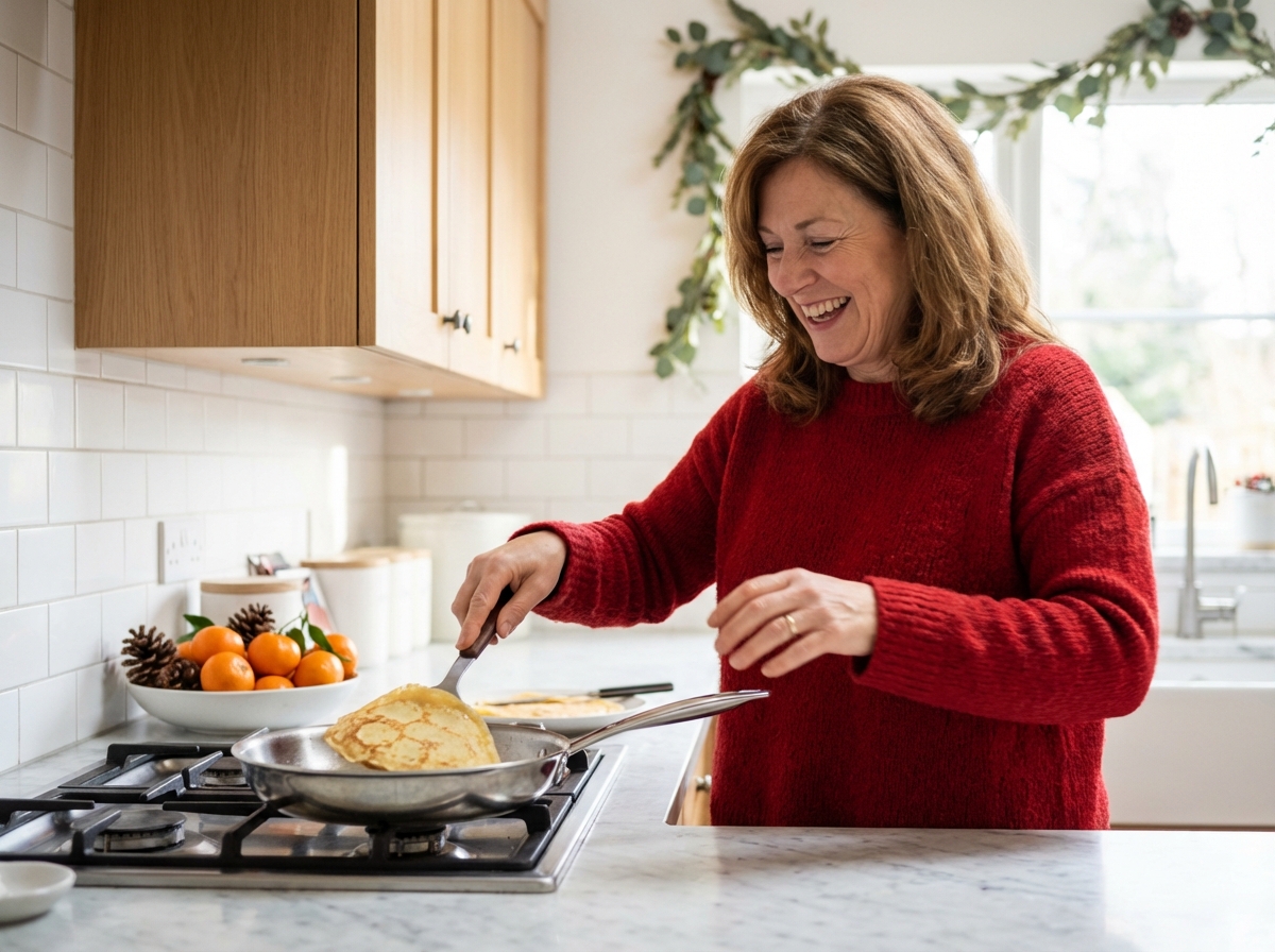 Femme souriante cuisinant des crepes dorées dans une cuisine chaleureuse