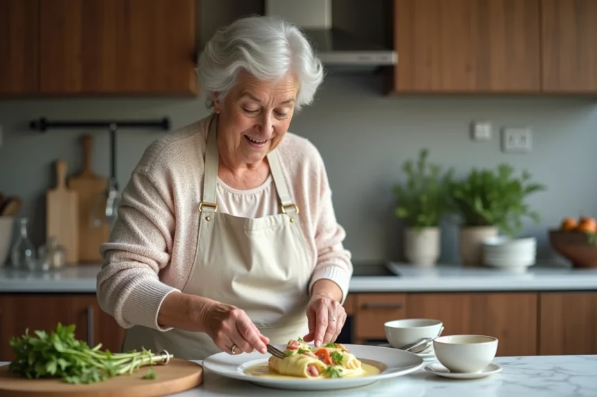 Femme âgée préparant des endives en cuisine moderne