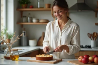 Femme souriante coupant un gateau aux pommes dans la cuisine