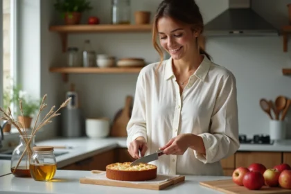Femme souriante coupant un gateau aux pommes dans la cuisine