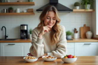 Femme en cuisine choisissant entre fruits et noix