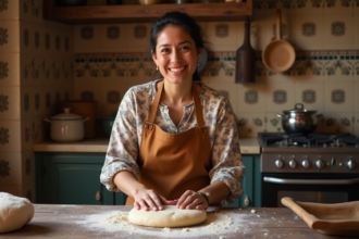 Femme nord-africaine souriante préparant du pain batbout dans la cuisine