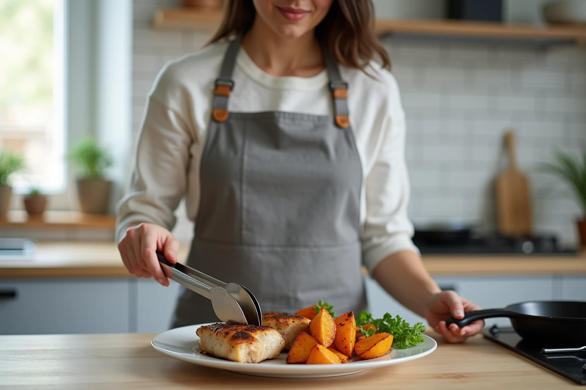 Femme préparant une assiette de patate douce et de cuisse de poulet dorée dans une cuisine moderne scandinave