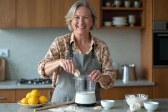 Femme souriante verse de la farine dans un robot en cuisine
