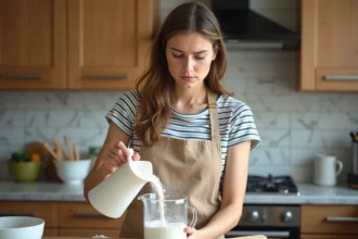 Jeune femme en cuisine avec farine et verre doseur