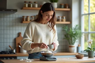 Femme utilisant une balance de cuisine et tablette dans une cuisine lumineuse