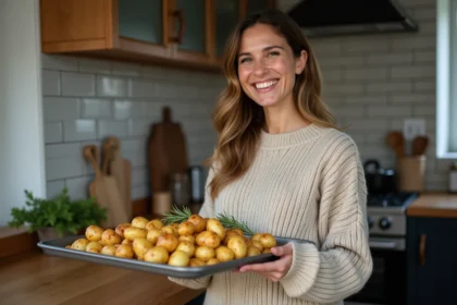Femme souriante tenant un plateau de pommes de terre rôties