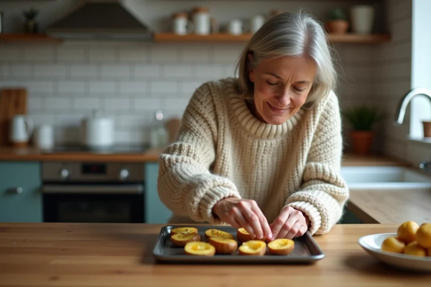 Femme en pull arrangeant des pommes de terre assaisonnees