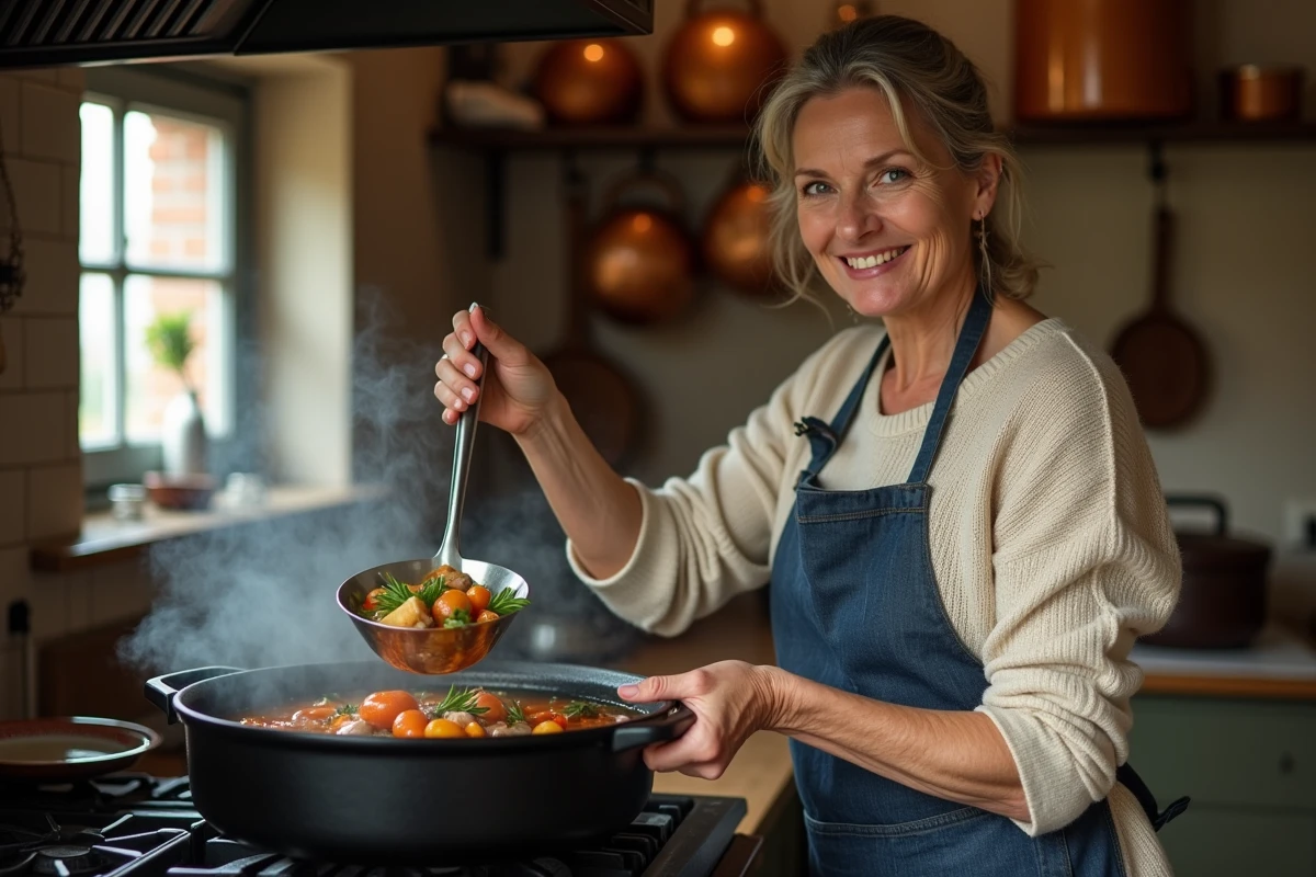 Femme cuisinant une potée maison en versant du bouillon dans une cocotte en fonte sur un fourneau de cuisine rustique