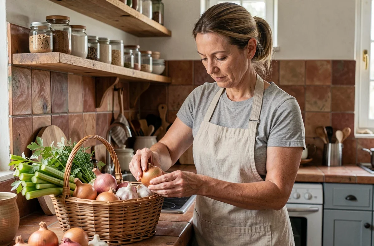 Femme d'âge moyen en tablier en lin choisissant des légumes dans une cuisine rustique avec panier en osier rempli d'oignons, d'ail et de céleri