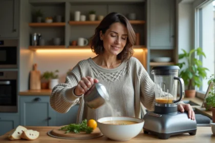 Femme utilisant un blender chauffant pour préparer une soupe dans la cuisine