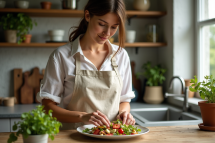 Jeune femme arrangeant un plat végétal dans une cuisine lumineuse