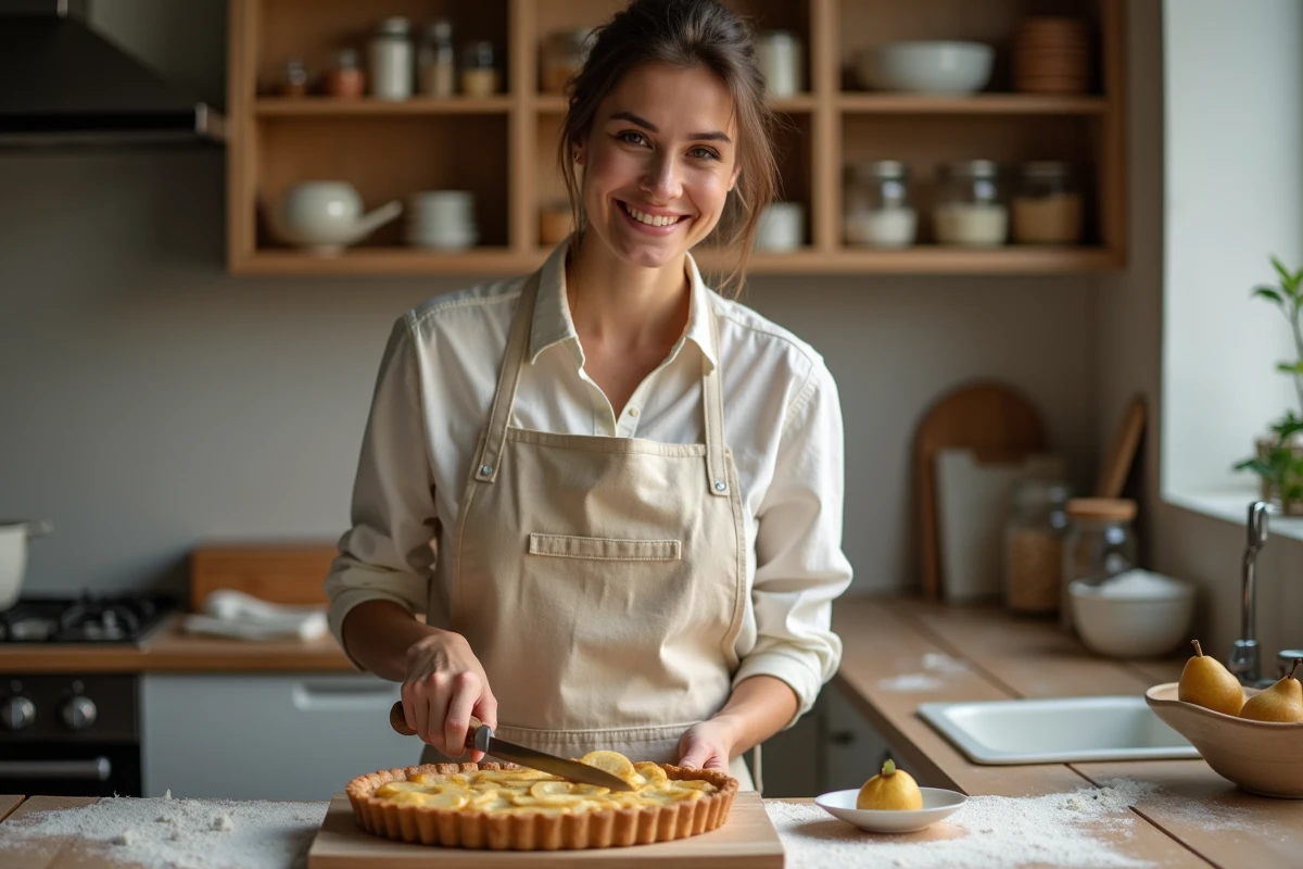 Jeune femme en tablier de lin découpant une tarte aux poires maison dans une cuisine familiale chaleureuse, posant une part sur une assiette en céramique