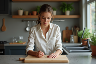 Femme en linen examine une planche en bois dans la cuisine