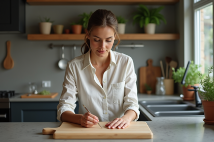 Femme en linen examine une planche en bois dans la cuisine