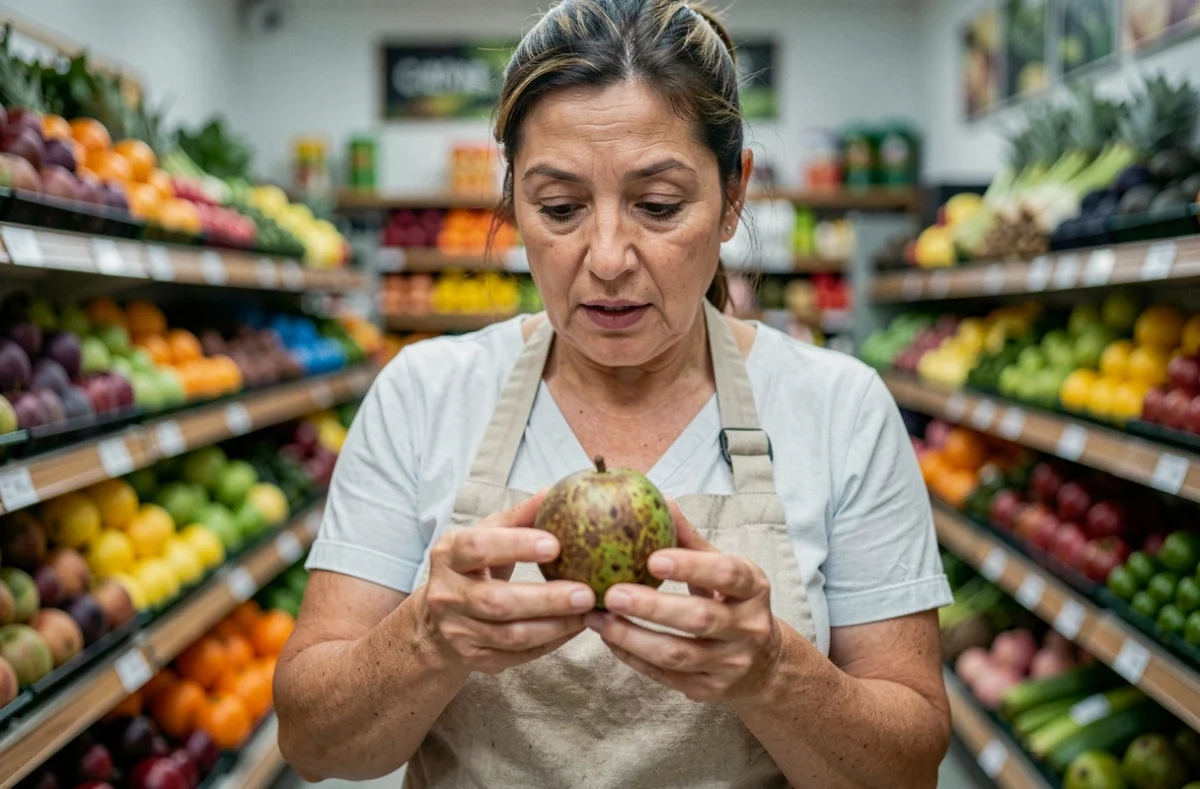 Femme tenant un fruit zapote dans les mains dans une épicerie exotique, examinant ce fruit tropical peu connu commençant par Z