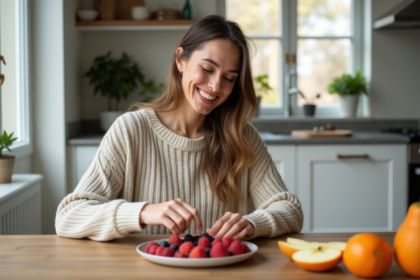 Femme souriante avec fruits frais dans une cuisine moderne