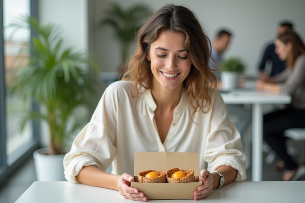 Femme au bureau ouvrant une boîte bento avec des tranches de gâteau à la compote de pomme emballées dans du papier cire